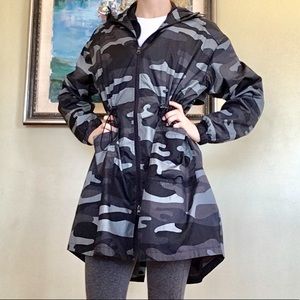 Grey camo rain parka